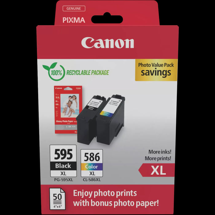 Canon PG-595XL & CL-586XL High Yield Ink Cartridges + Photo Paper Value Pack - 7170C004