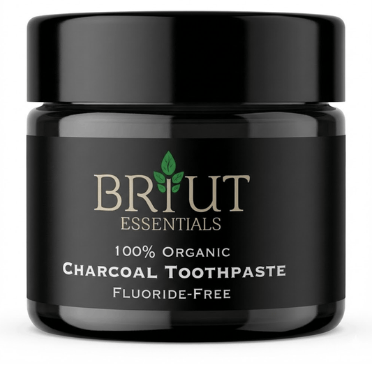 Briut Essentials charcoal whitening toothpaste tube — fluoride-free vegan formula