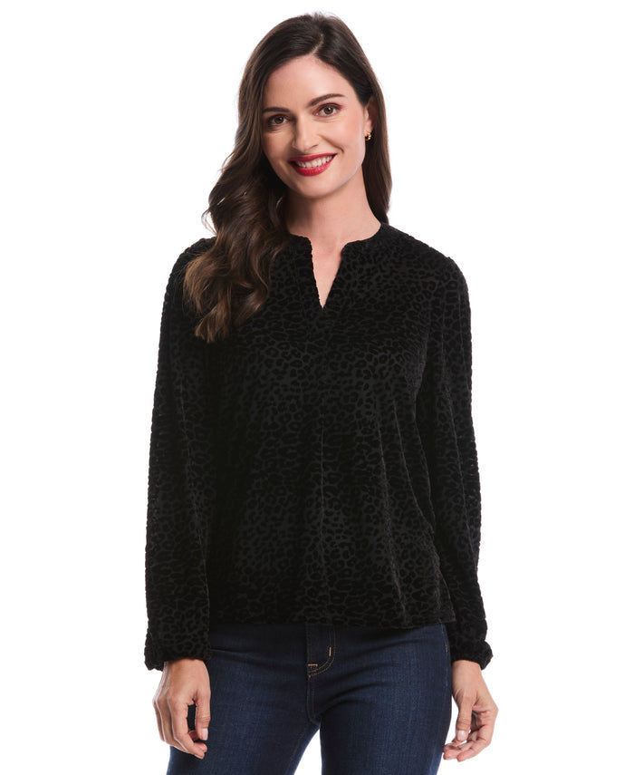 Cheetah Print Split Neck Popover Blouse (Black)