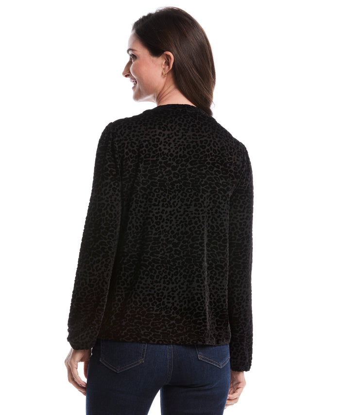 Cheetah Print Split Neck Popover Blouse (Black)