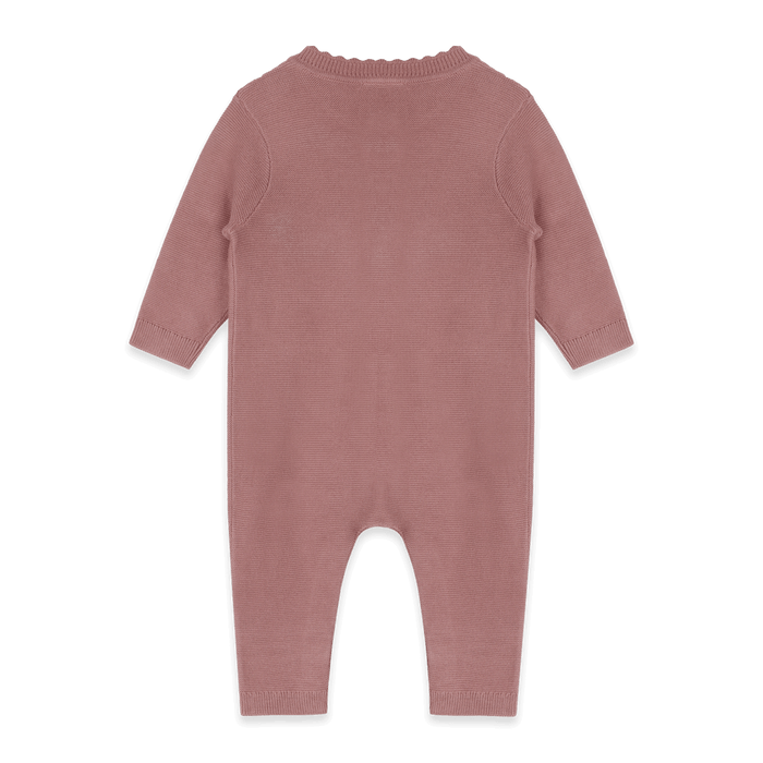 Back of Classic Pocket & Button Chunky Knit Baby Jumpsuit Organic Cotton - Vintage Rose