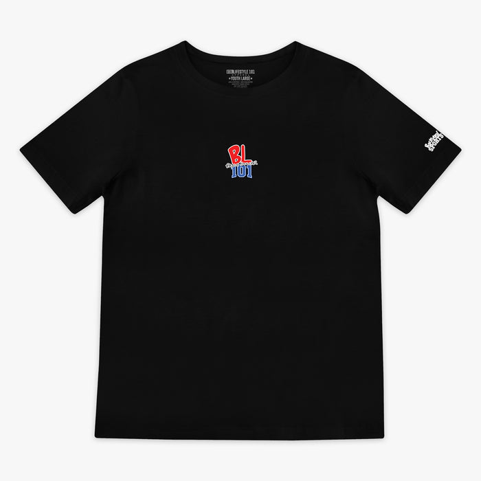 Black t-shirt with a red nd blue BL101 logo on a white background