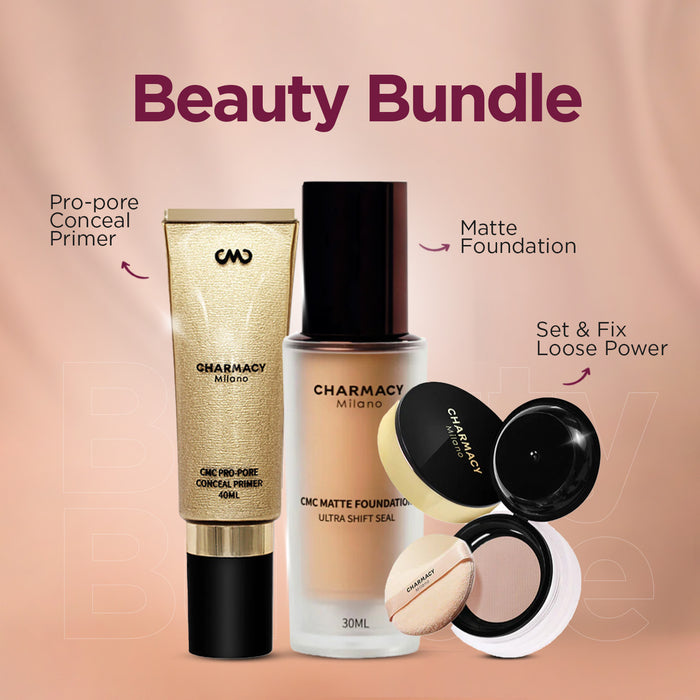 CMC PRO-PORE CONCEAL PRIMER + SET & FIX LOOSE POWDER + MATTE FOUNDATION - Pack of 3 ( Bundle )