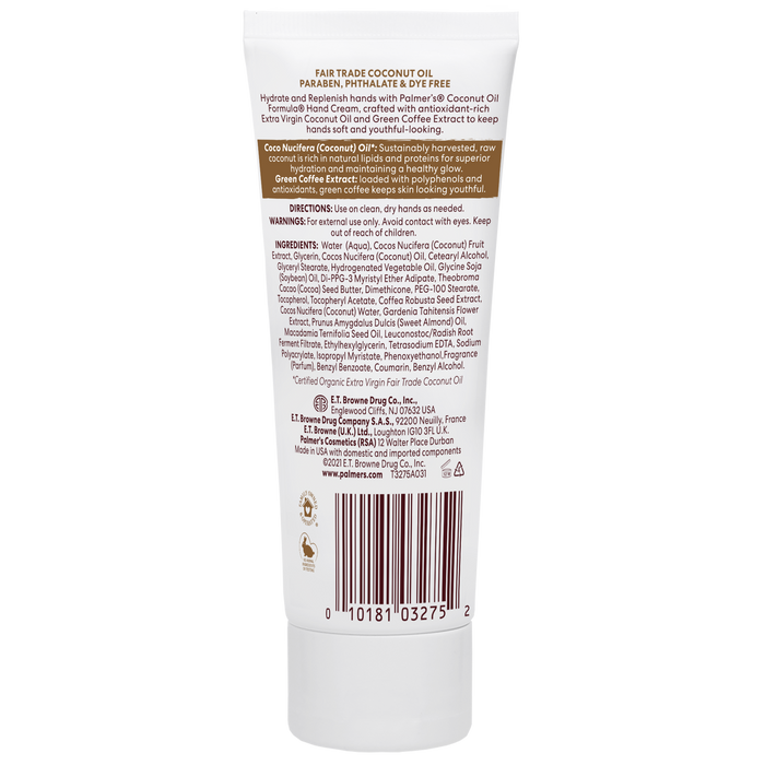 Palmer’s Coconut Hydrate Hand Cream tube with ingredient details.