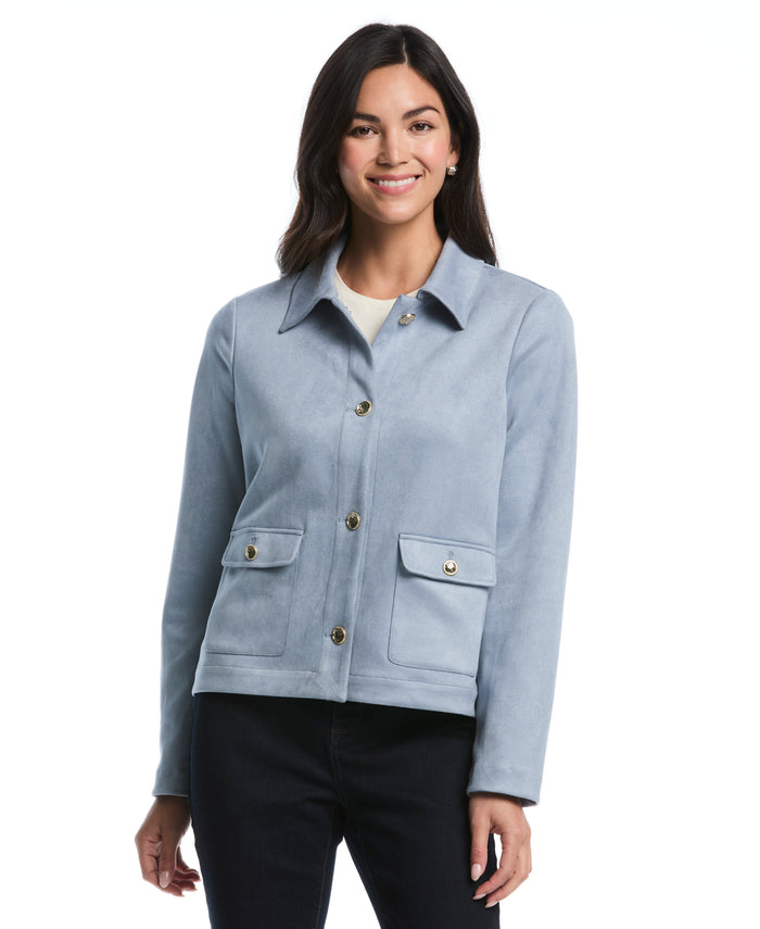 Petite Collarless Patch Pocket Scuba Suede Jacket (Blue Blizzard)