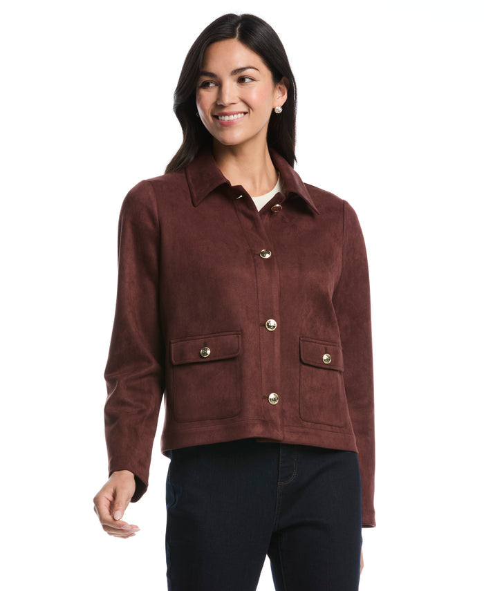 Petite Collarless Patch Pocket Scuba Suede Jacket (Brown Stone)