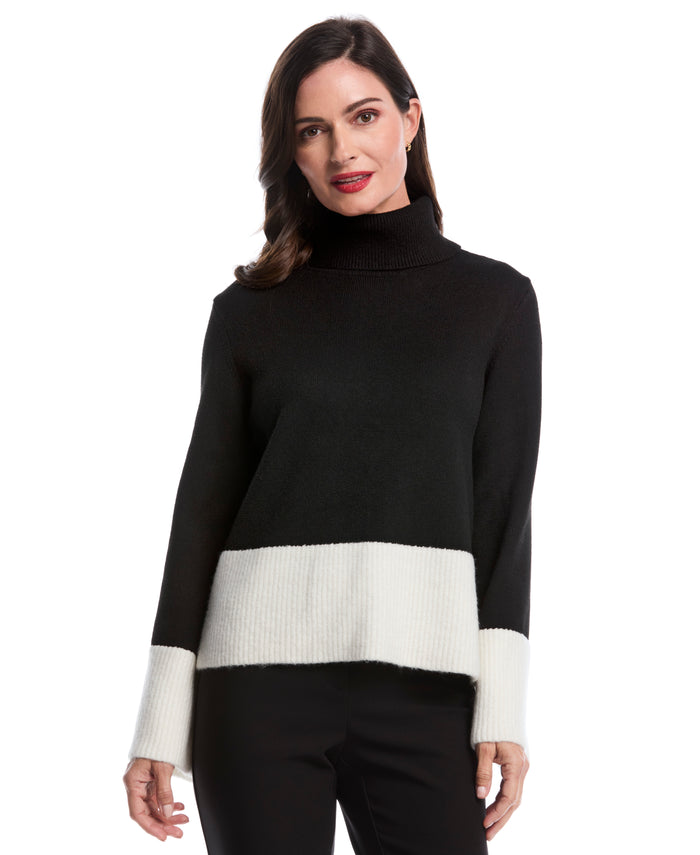 Petite Color Block Trim Turtleneck Sweater (Black)