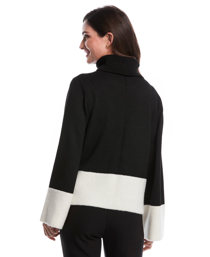 Petite Color Block Trim Turtleneck Sweater (Black)