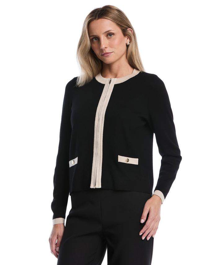 Petite Color Block Zip Up Cardigan Sweater (Black)