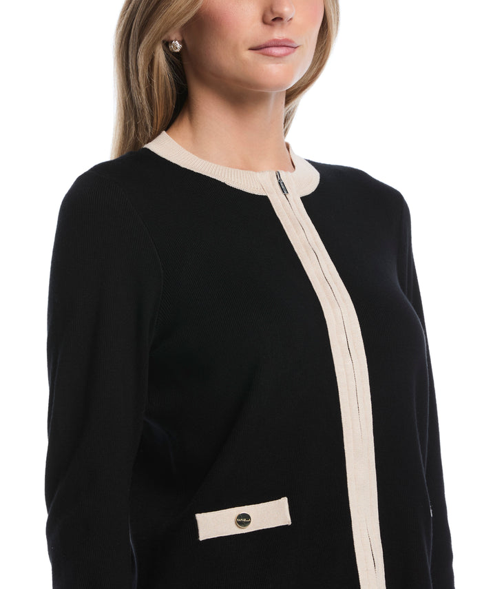 Petite Color Block Zip Up Cardigan Sweater (Black)