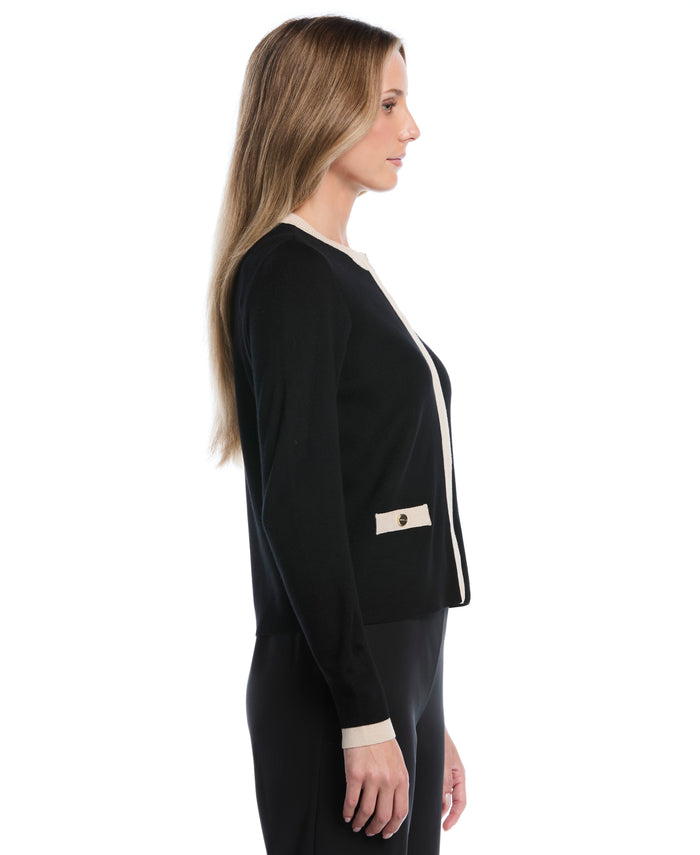 Petite Color Block Zip Up Cardigan Sweater (Black)