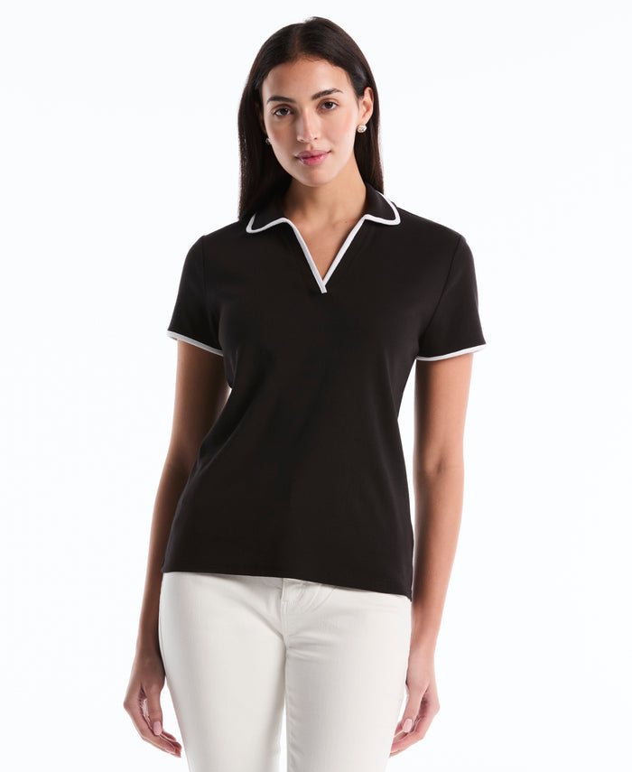 Contrast Trim Johnny Collar Polo (Black)