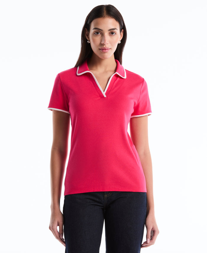 Contrast Trim Johnny Collar Polo (Raspberry)