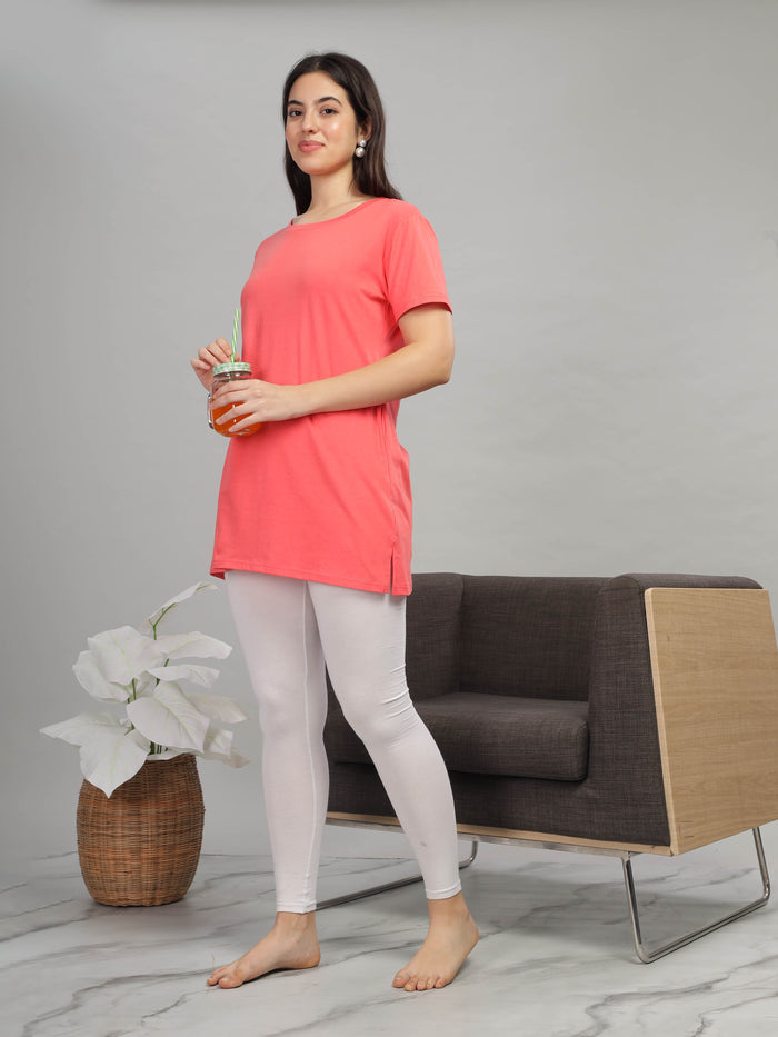 Soft And Chic Coral Long Cotton T-Shirt for Women