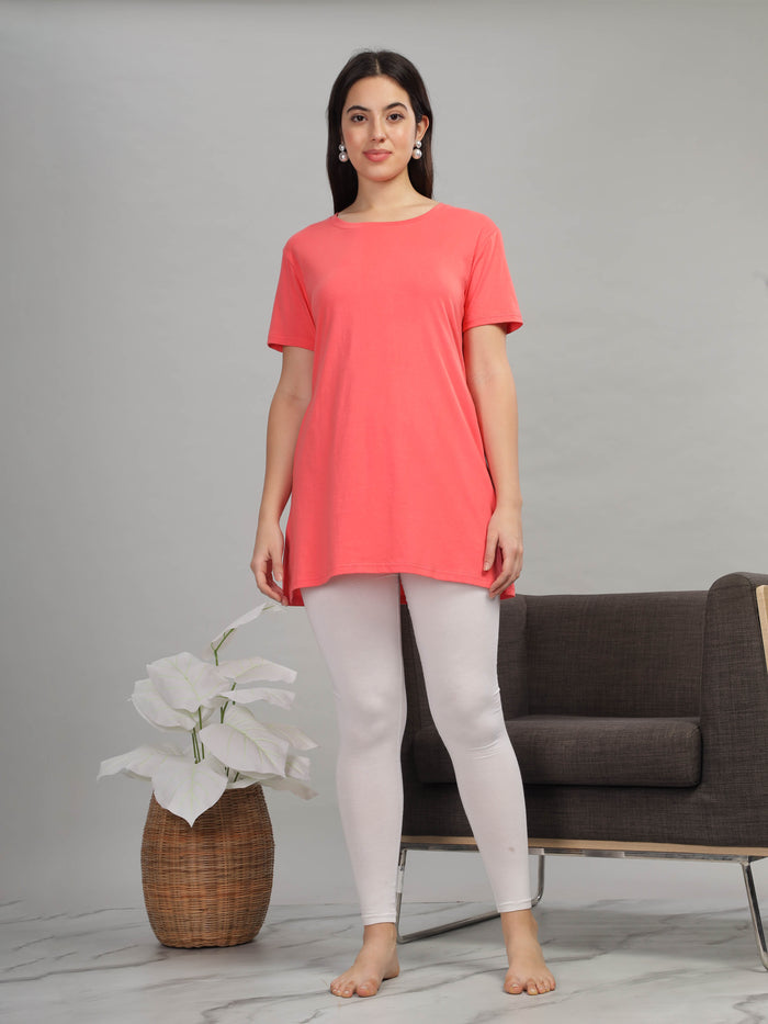 Soft And Chic Coral Long Cotton T-Shirt for Women