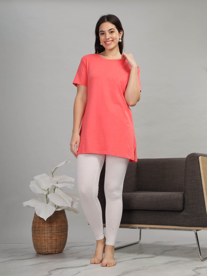 Soft And Chic Coral Long Cotton T-Shirt for Women