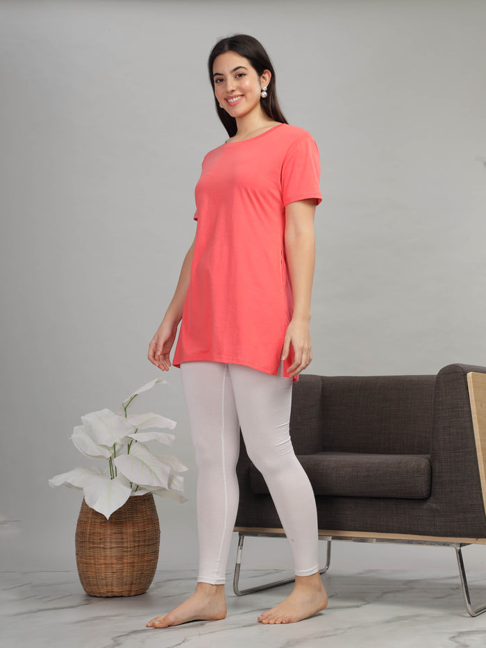 Soft And Chic Coral Long Cotton T-Shirt for Women