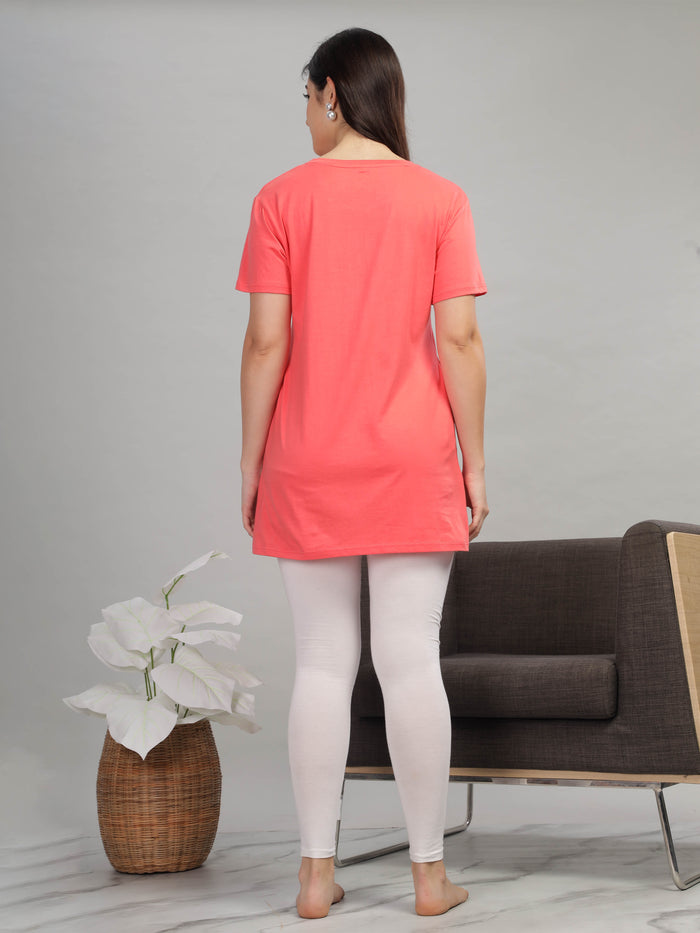 Soft And Chic Coral Long Cotton T-Shirt for Women