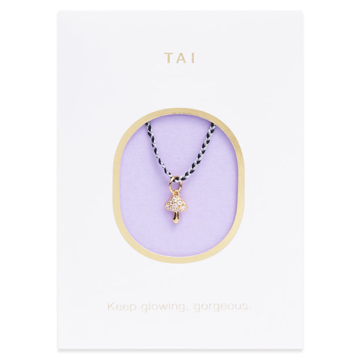 Mushroom charm cord necklace, gold-tone pendant with dark braided cord loop