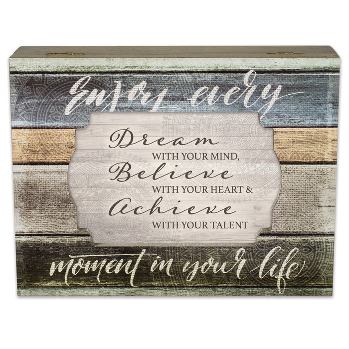 Front facing view of music box with sentiment