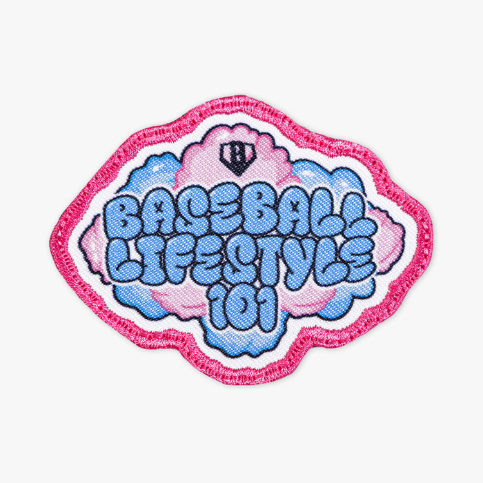 Adult model wearing multi-color patch with "Cotton Candy BL101 Patch" design
