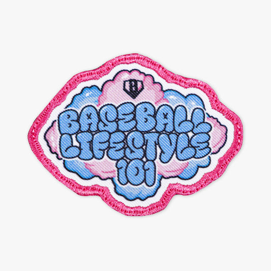 Adult model wearing multi-color patch with "Cotton Candy BL101 Patch" design