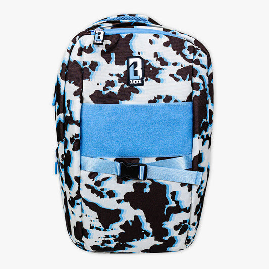 Adult model wearing multi-color backpack with "Cowhide Curveball SZN 2" design