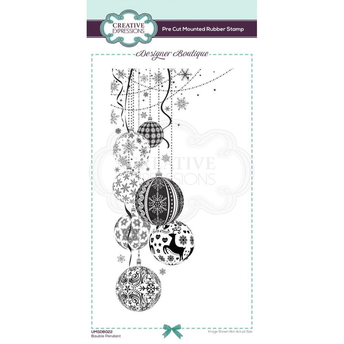 Creative Expressions - Designer Boutique Pre Cut Rubber Stamp - Bauble Pendant. A beautiful DL size stamp with a wonderful scene in one stamp making creating stunning projects simple. This pre-cut rubber stamp has great detail and will make fantastic, intricate paper craft projects, and so much more.  Available at Embellish Away located in Bowmanville Ontario Canada.