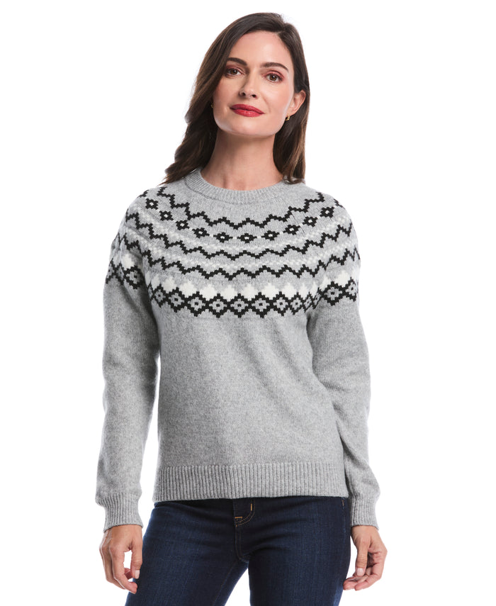 Petite Crew Neck Fair Isle Sweater (Dove Grey Heather)