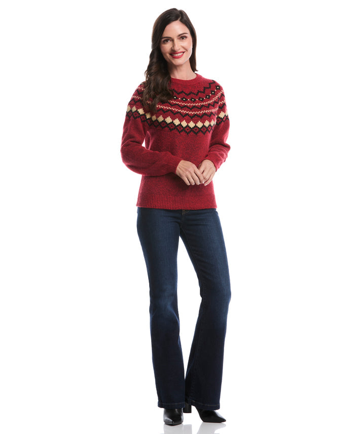 Petite Crew Neck Fair Isle Sweater (Rio Red)