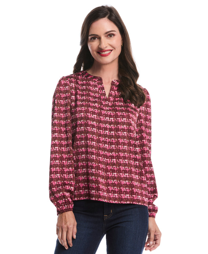Crosshatch Print Split Neck Popover Blouse (Beetroot Purple)