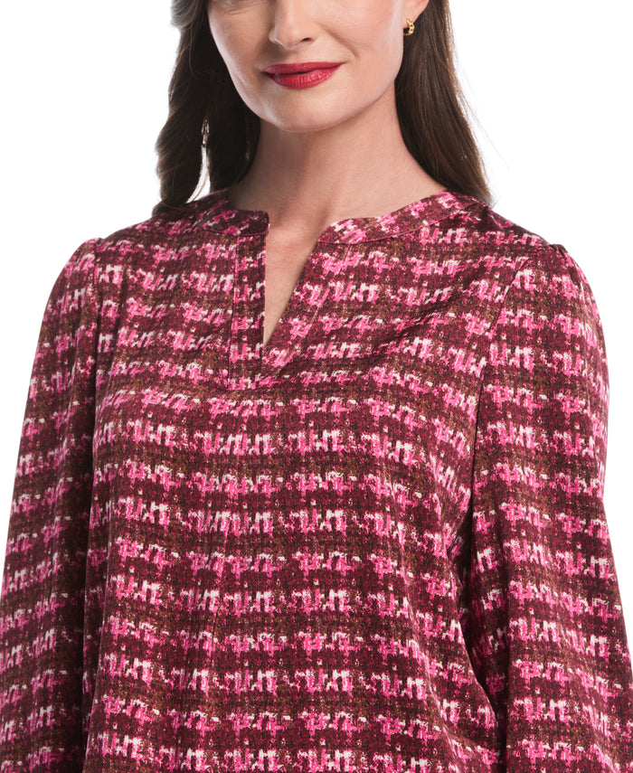 Crosshatch Print Split Neck Popover Blouse (Beetroot Purple)