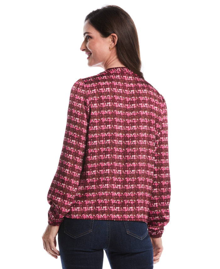 Crosshatch Print Split Neck Popover Blouse (Beetroot Purple)
