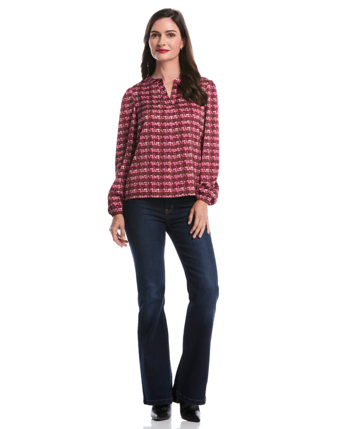 Crosshatch Print Split Neck Popover Blouse (Beetroot Purple)