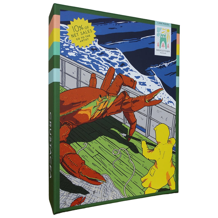Crustacea | 1,000 Piece Jigsaw Puzzle by Bridgetown Puzzles features artwork by Vincent Morrelli of a large red crab on a ship’s deck facing a person in a yellow raincoat, with ocean waves in the background; 10% of sales go to the artist.