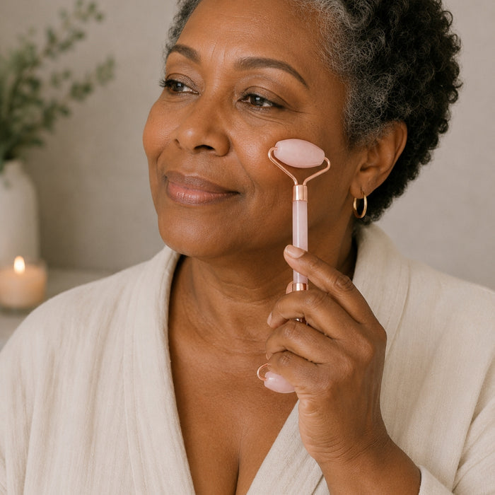 Woman using a pink facial roller on her face with a candle and plant in the background