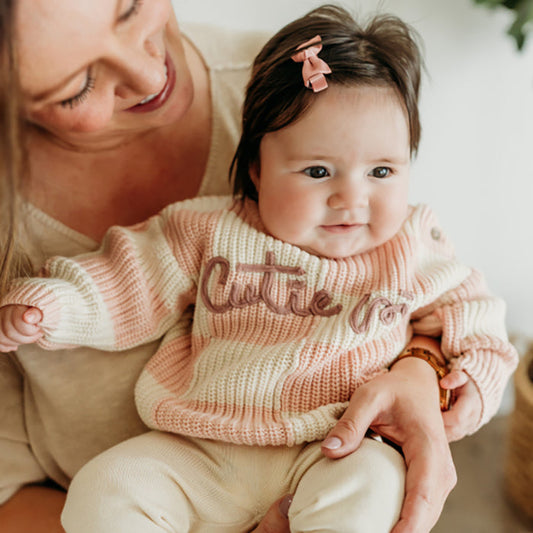 Cutie Pie Embroidered Checkered Slouchy Knit Baby Pullover (Organic Cotton)