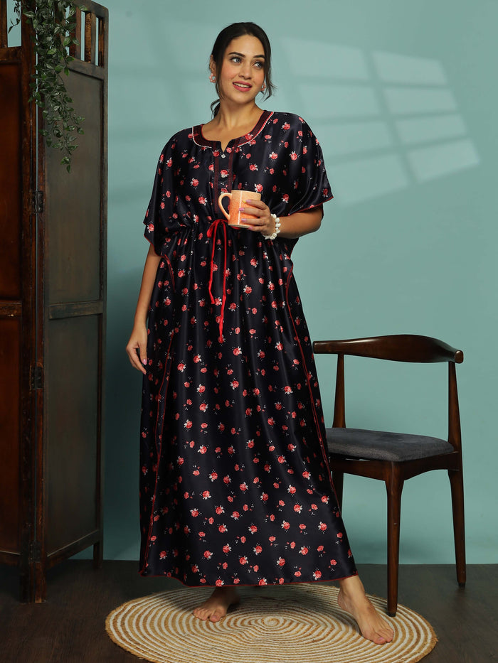 Luxurious Dark Blue Satin Kaftan Nighty for Women