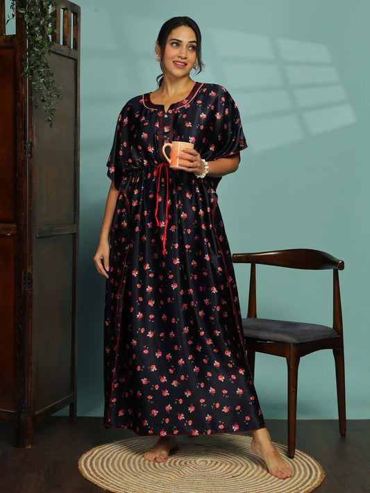 Luxurious Dark Blue Satin Kaftan Nighty for Women