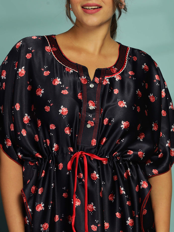 Luxurious Dark Blue Satin Kaftan Nighty for Women
