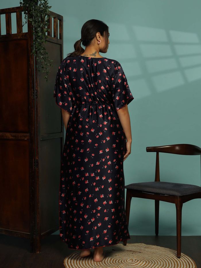 Luxurious Dark Blue Satin Kaftan Nighty for Women