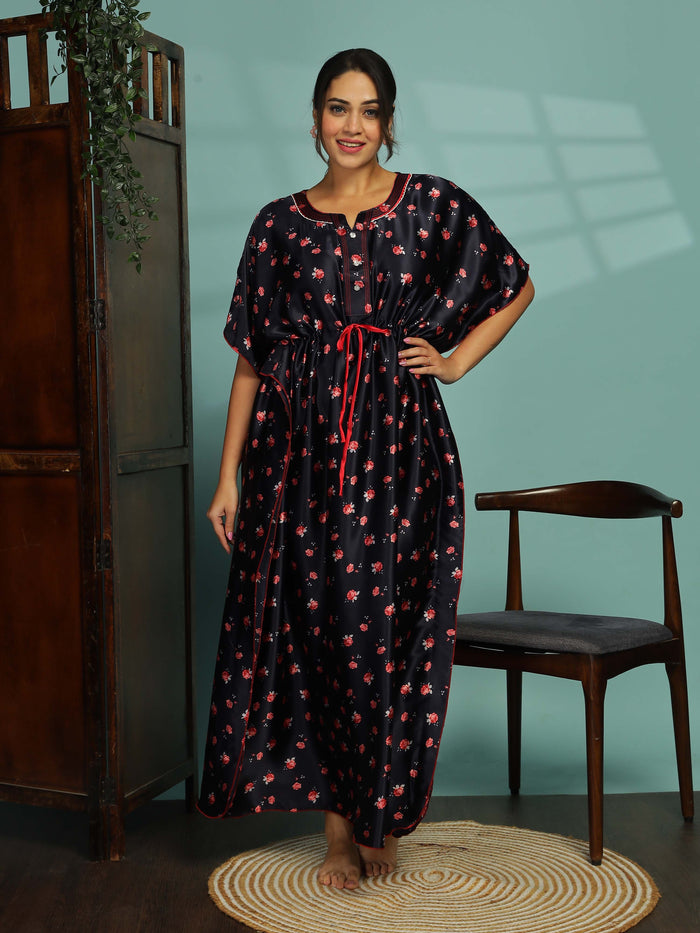 Luxurious Dark Blue Satin Kaftan Nighty for Women