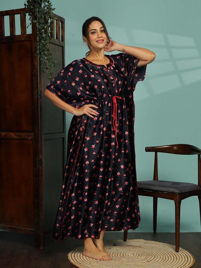 Luxurious Dark Blue Satin Kaftan Nighty for Women
