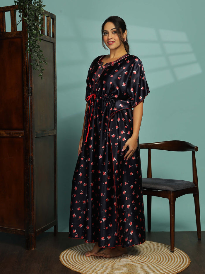 Luxurious Dark Blue Satin Kaftan Nighty for Women