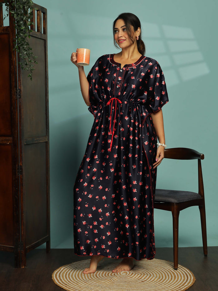 Luxurious Dark Blue Satin Kaftan Nighty for Women