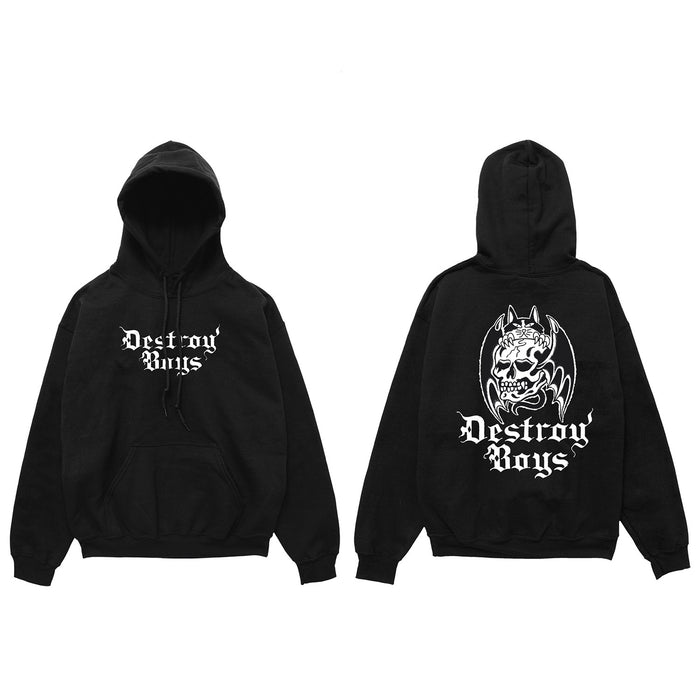 Black hoodie by Destroy Boys shown from front and back. This midweight pullover features Destroy Boys text on the front and a horned skull graphic above gothic-style Destroy Boys print on the back.