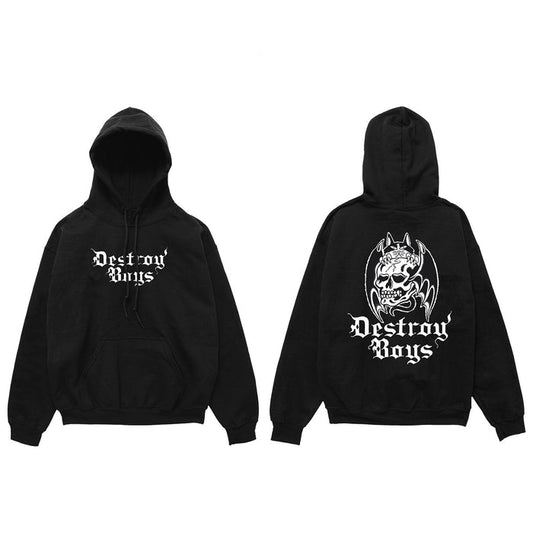 Black hoodie by Destroy Boys shown from front and back. This midweight pullover features Destroy Boys text on the front and a horned skull graphic above gothic-style Destroy Boys print on the back.