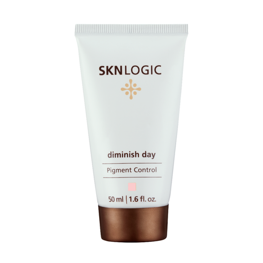 SKN048 SKNLOGIC Diminish Day Pigment Control Cream 50ml | A 50 ml squeeze tube of SKNLOGIC diminish day Pigment Control cream, featuring a white body with a metallic bronze cap and gold logo, set against a plain white background.