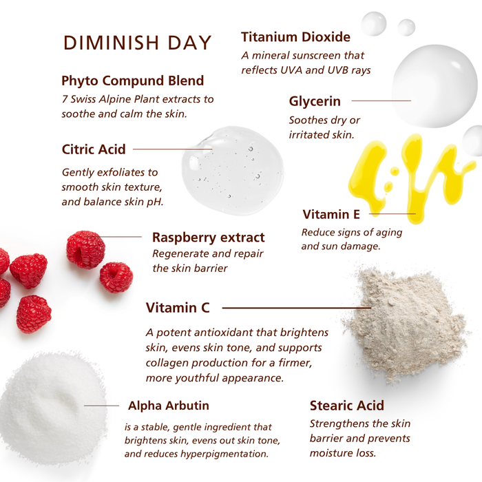SKN048 SKNLOGIC Diminish Day Pigment Control Cream 50ml | An informational graphic titled 'DIMINISH DAY' on a white background, listing ingredients such as Titanium Dioxide, Glycerin, Vitamin E, Vitamin C, Alpha Arbutin, and Stearic Acid with brief descriptions. The layout includes small ingredient illustrations and a yellow abstract logo on the right.