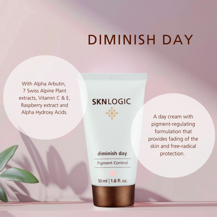 SKN048 SKNLOGIC Diminish Day Pigment Control Cream 50ml | SKNLOGIC diminish day pigment control cream in a white squeeze tube with a metallic bronze cap, set against a soft pink background with descriptive text bubbles.